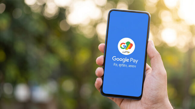 Close-up of a hand holding a mobile phone displaying the Google Pay application with UPI logo and Hindi text. Blurred outdoor background for digital payment and fintech concept mockup design app.