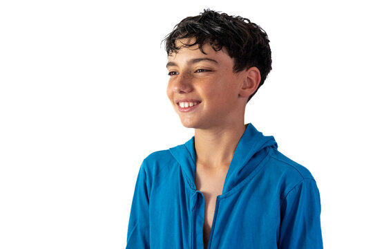 smiling boy in unbuttoned blue sweatshirt with white background