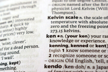 Fototapeta premium English Dictionary Page Close Up With The Word Transcription Of -ken