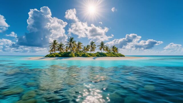 A small island features palm trees and clear blue water under a bright sun in daytime with clouds in the sky
