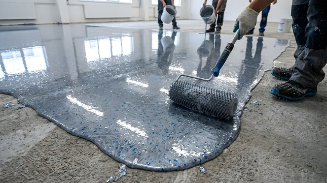 Industrial epoxy floor coating application, professional worker using paint roller on grey resin surface, modern self-leveling flooring installation