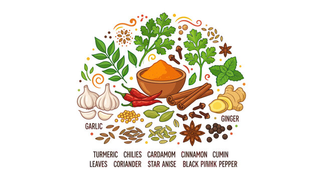 Assorted indian spices and herbs arranged in a circular design