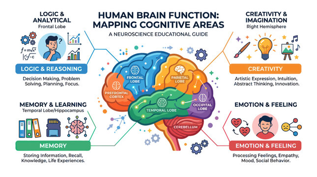 Educational infographic of human brain functions and cognitive lobes