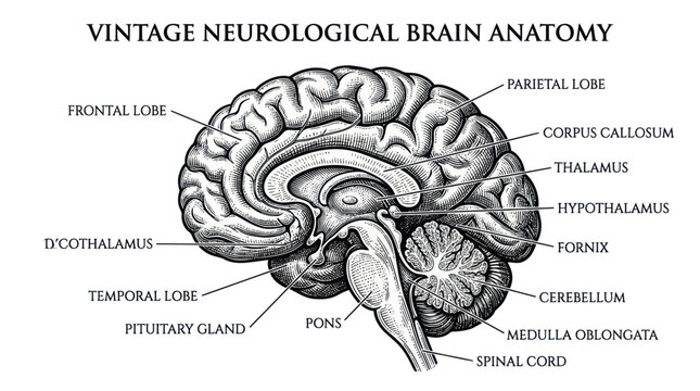 Anatomical cross section of a human brain in vintage engraving style