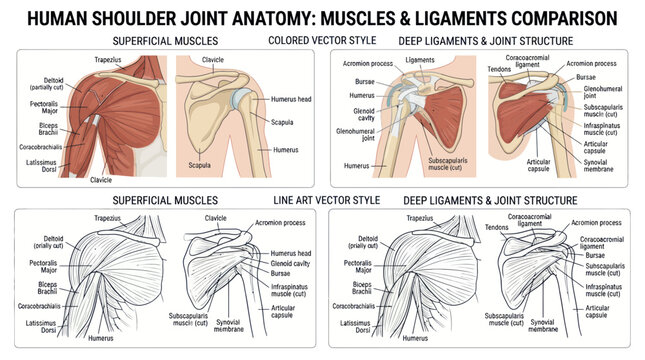 Human shoulder joint anatomy with muscles and ligaments comparison