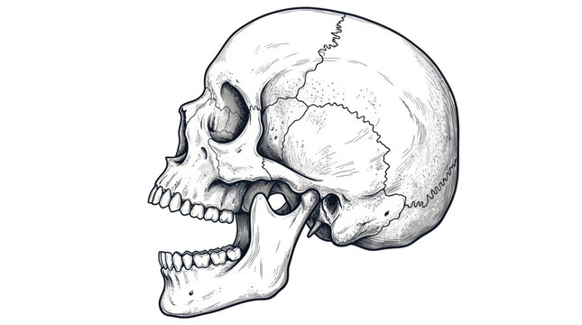 Human skull profile with open jaw in hand drawn ink style
