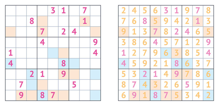 Sudoku puzzle grid with answers in neon pink and yellow colors