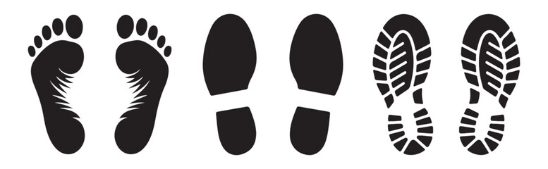 Human footprints and shoe sole silhouettes collection including barefoot and boot tread mark textures. © MOST AKTER