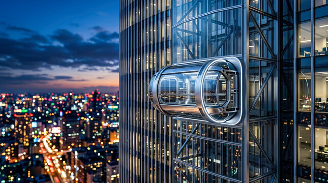 Futuristic transparent capsule elevator pod attached to modern exterior glass skyscraper facade overlooking beautifully blurred glowing neon city skyline at night