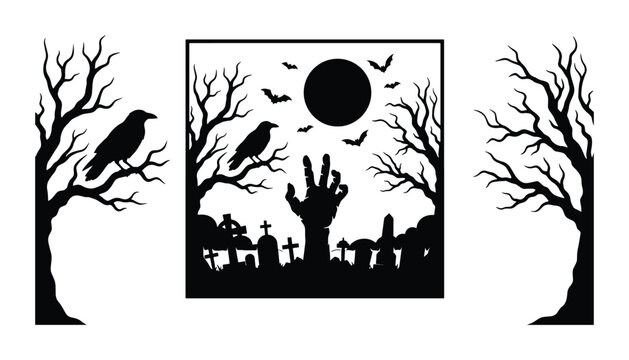 Spooky Halloween Silhouette Vector Set: Graveyard, Zombie Hand, Crows, Moon, Bats, Trees