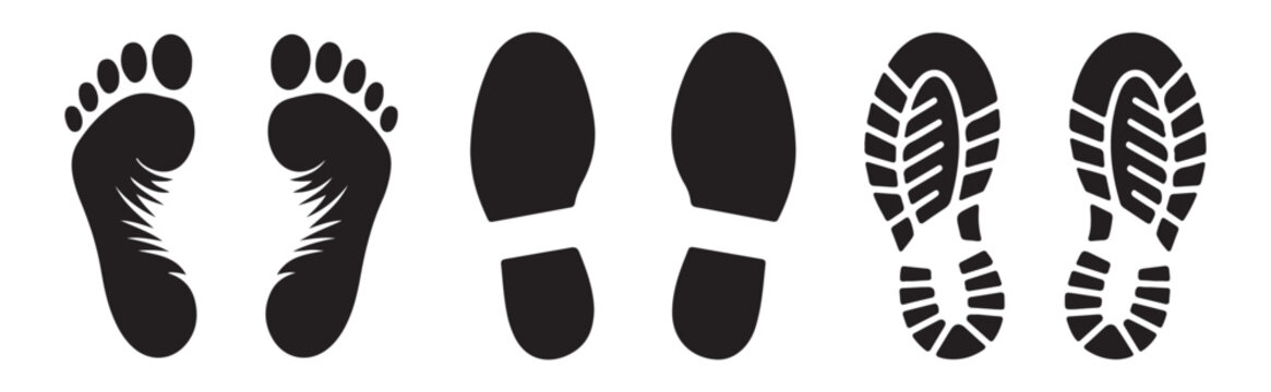 Human footprints and shoe sole silhouettes collection including barefoot and boot tread mark textures.