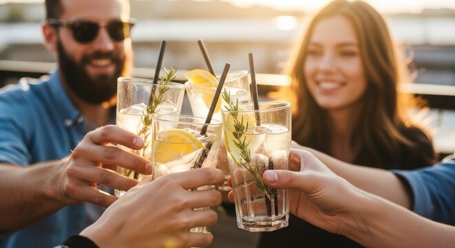 Refreshing summer drinks celebration friends toasting with lemon rosemary cocktails outdoors in golden hour