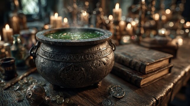 Witch&acirc;&euro;&trade;s cauldron bubbling with green potion, surrounded by spellbooks, candles, and magical elements, spooky and mystical 