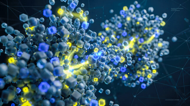 Abstract futuristic macro background featuring complex molecular network structure formed using floating blue and bright yellow glowing cubic geometric data blocks