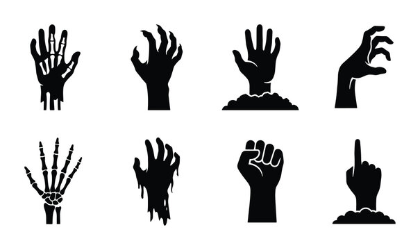Zombie Hands Vector Icons, Spooky Halloween Claws Emerging from Ground, Skeleton Hands Silhouette Set