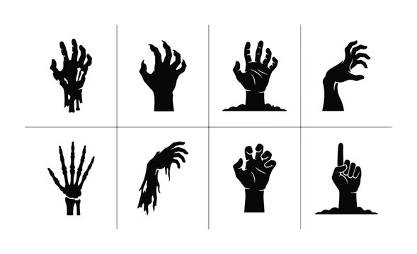 Spooky Zombie Hand Icons, Horror Halloween Vector Graphics, Creepy Undead Arm Silhouettes for Spooky Designs