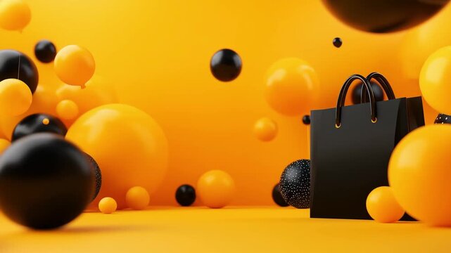 Balloons in various sizes and colors surround a black shopping bag on a yellow background