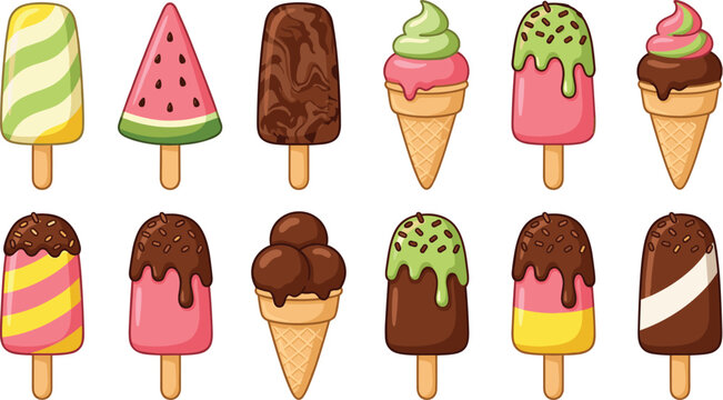 Delicious summer treats illustration bundle including mint chocolate coating fudge swirl popsicles vanilla scoops fruit gelatos isolated on white background web banner