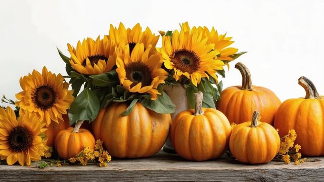 Sunflowers and pumpkins arranged on a rustic wooden surface for autumn