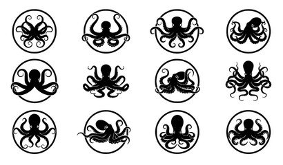 Black octopus silhouette vector collection with marine animal shapes isolated on white background EPS 10 design set © Emdadul
