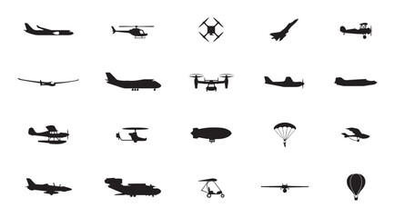 Fototapeta premium Air transport silhouette icons including hot air balloons parachutes and heavy cargo jets.