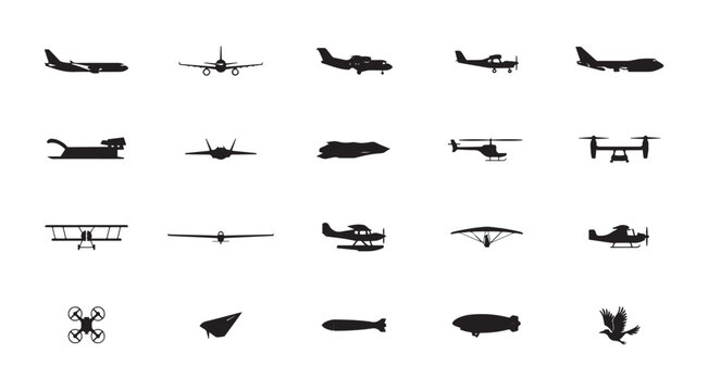 Diverse aircraft silhouettes featuring drones blimps gliders and passenger transport jets.