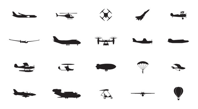 Air transport silhouette icons including hot air balloons parachutes and heavy cargo jets.