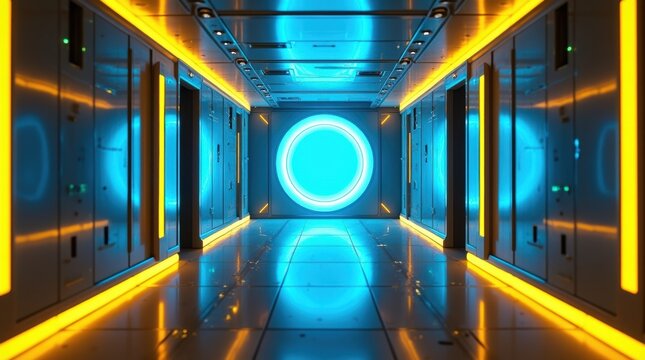 Futuristic dark hallway with bright blue glowing circle light and yellow neon lines on the walls