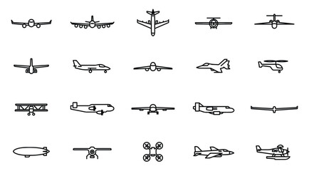 Modern aircraft outline icons featuring commercial jets helicopters and military warplanes. © Tamanna