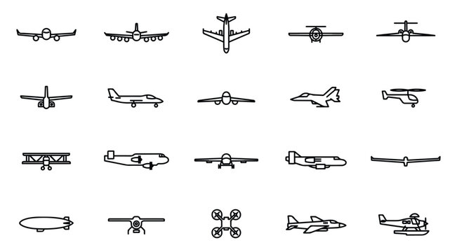 Modern aircraft outline icons featuring commercial jets helicopters and military warplanes.