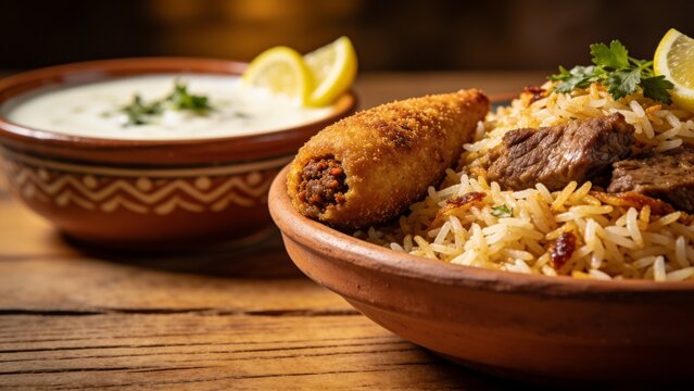 Hearty Middle Eastern meal with Kebbeh Bil Laban and fragrant biryani