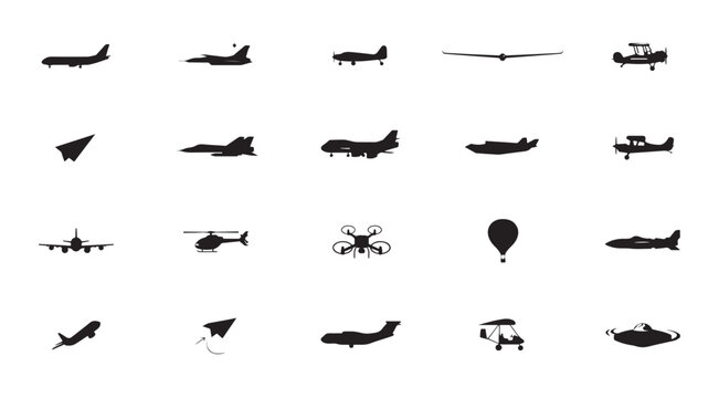 Diverse aircraft black silhouettes showing commercial flights military jets and paper plane.
