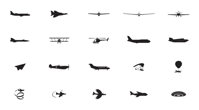 Collection of various aircraft silhouettes including passenger planes jets and helicopters.