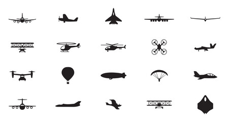 Set of aircraft silhouette icons for aviation and travel themes isolated on background. © Tamanna