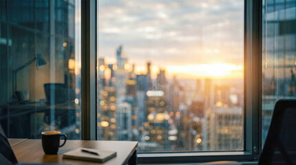 Empty modern corporate office desk featuring open notebook pen black coffee cup laptop computer looking through large glass window magnificent bright sunrise © Celt Studio