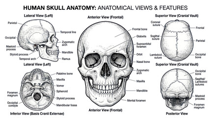 Human skull anatomy diagrams showing various medical perspectives © askew
