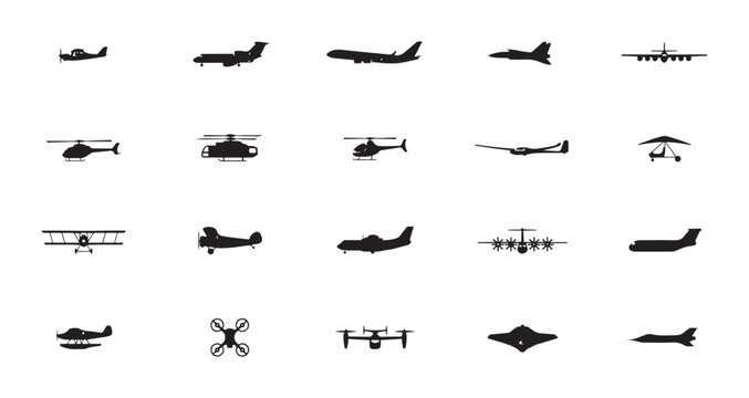 Various aircraft types silhouetted on transparent background for graphic design use.