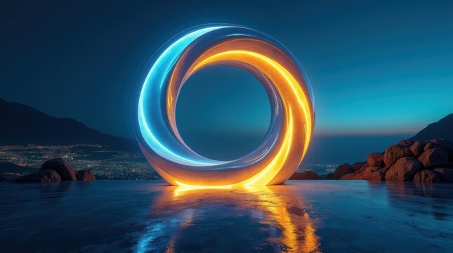 Glowing abstract circular ring with blue and orange light trails reflecting on the dark water surface