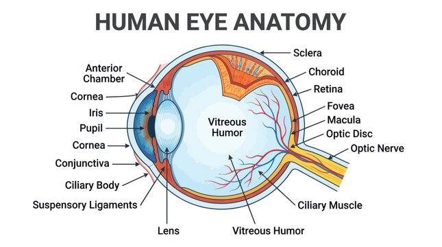 Human eye anatomy cross section diagram with labels