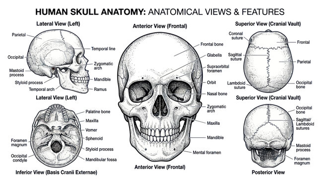 Human skull anatomy diagrams showing various medical perspectives