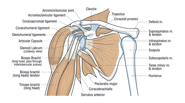 Human shoulder joint anatomy showing muscles ligaments and bones