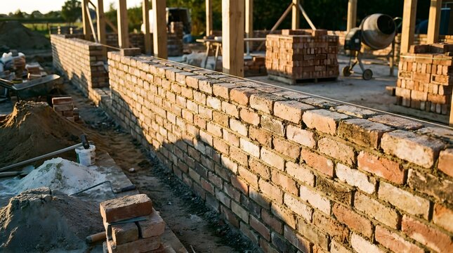 Brick wall construction on residential building site, masonry work with red clay bricks, house foundation under development with cement mixer