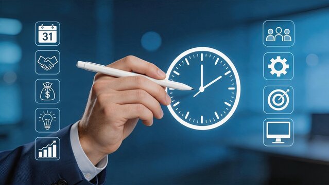Businessman drawing clock hologram, time management concept, digital interface with icons for finance, strategy, and teamwork in modern office background