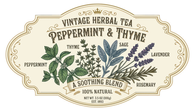 Vintage herbal tea label with botanical peppermint and thyme