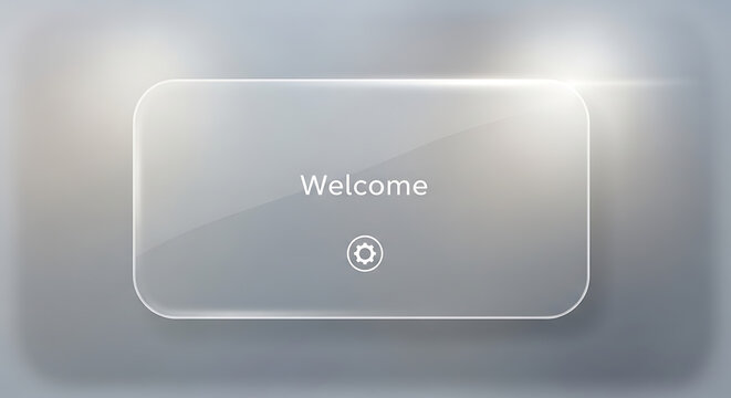 Glass frame with rounded corners and settings icon on a gray gradient background rectangle