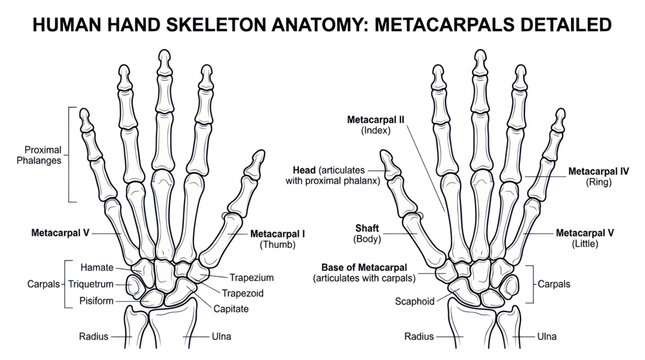 Human hand skeleton anatomy with detailed metacarpal bone labeling