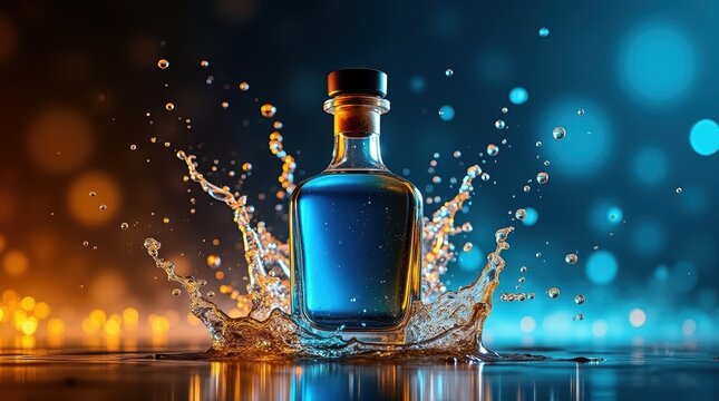 Glass bottle of blue liquid with dynamic water splashes on a dark colorful background