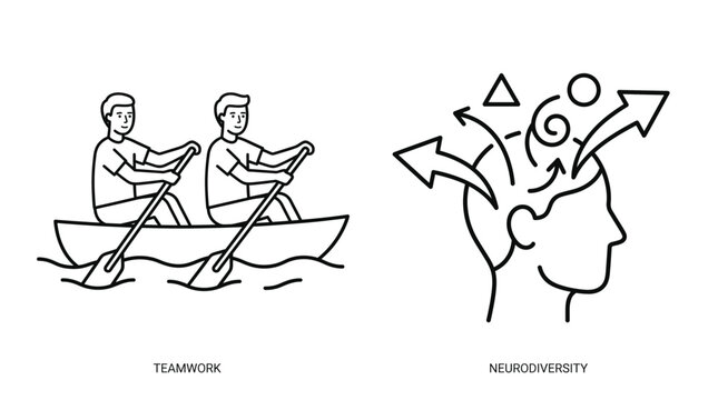 Two cartoon characters playing seesaw and celebrating victory with raised hands.