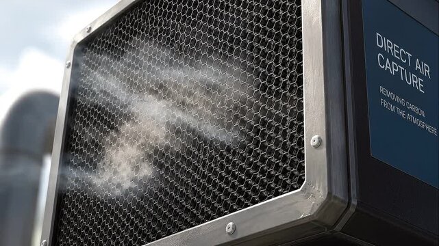 Direct air capture carbon reduction unit with industrial filter and metal honeycomb mesh equipment showing vapor and clean air flow