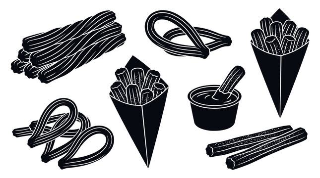 Solid black silhouette churro vector collection featuring sweet pastry sticks, paper cones, traditional loops, and dipping sauce bowl icons.